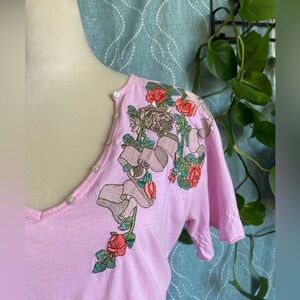 Pink Embroidery Flower Sun Midi Dress Size M